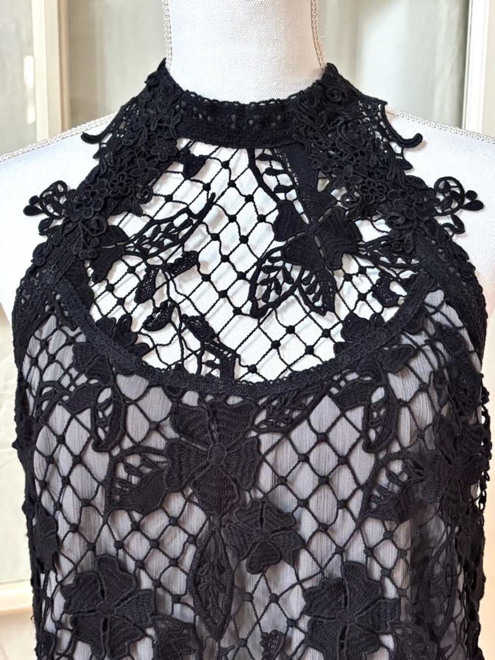 Free People Lace Halter Dress Black Sheer Mini Open Back Boho Festival